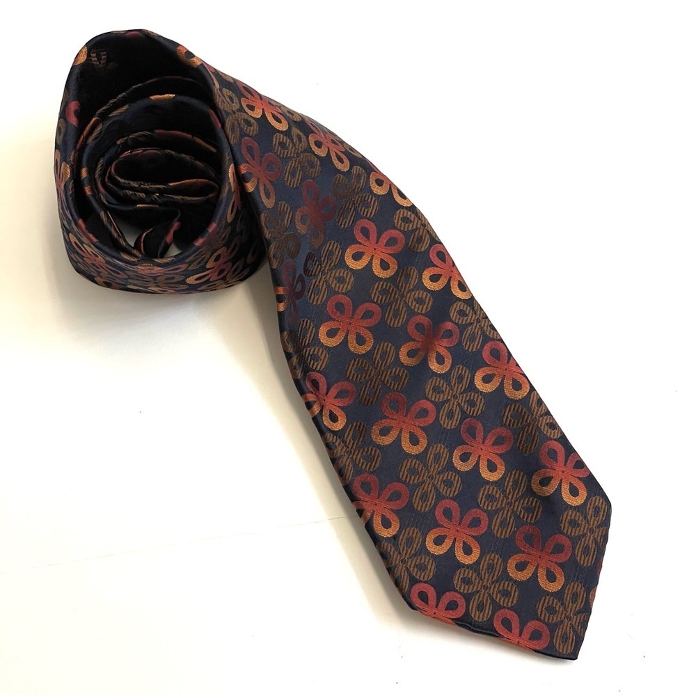 Ted Baker Black & Orange Geometric Flower Clover Print Silk Tie